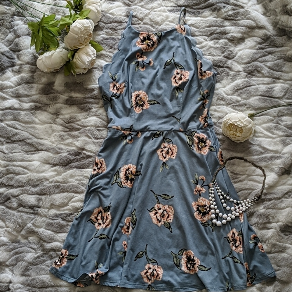 Light Blue Floral High Neck Dress